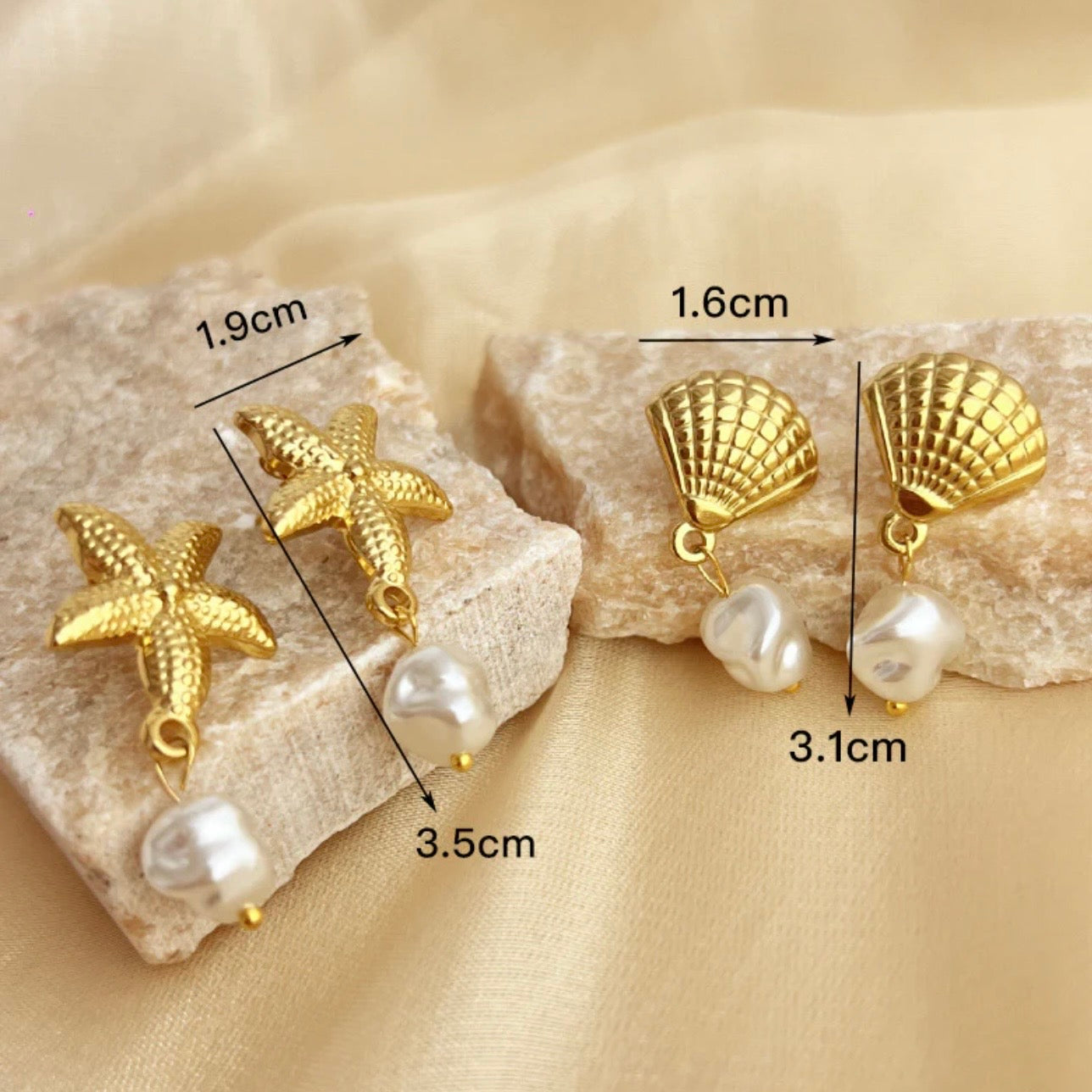 Gold Starfish & Seashell Pearl Drop Earrings – Ocean-Inspired Jewelry