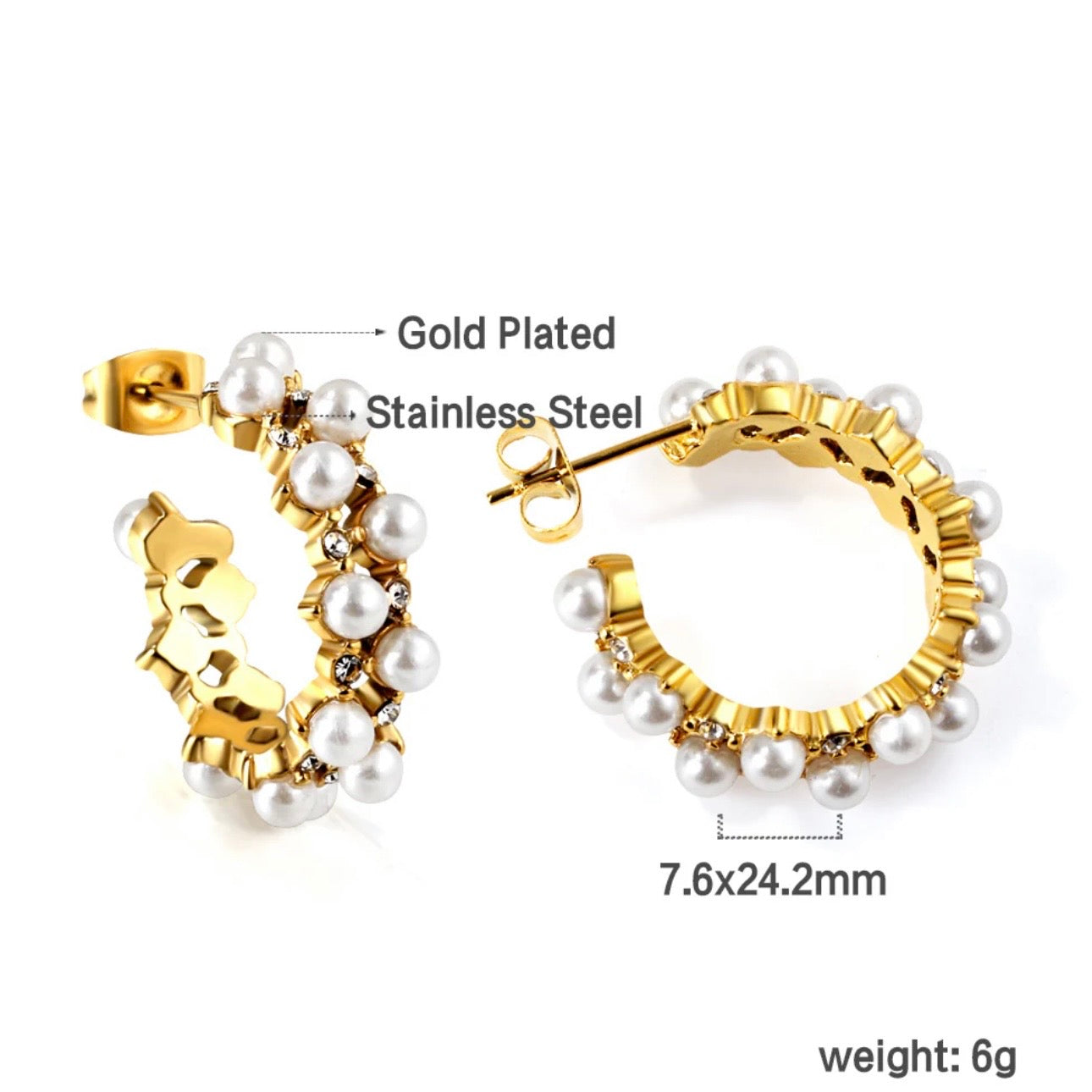 18K Gold Plated Pearl Hoop Earrings – Stainless Steel, Hypoallergenic