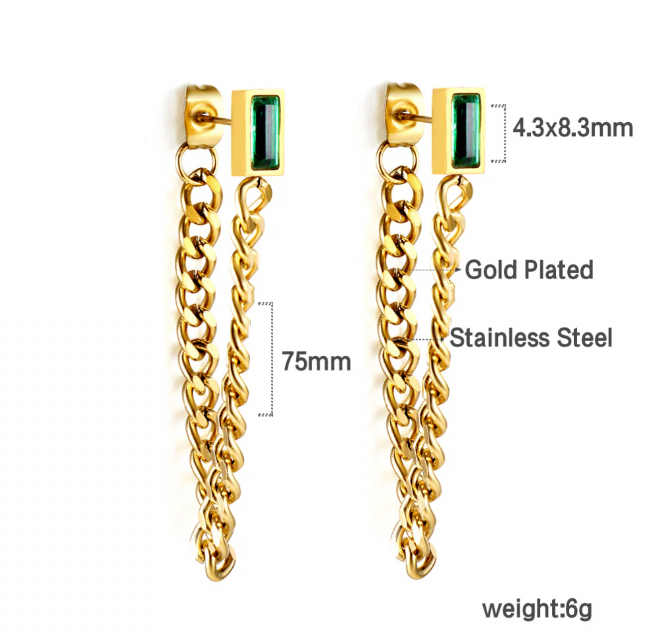 Gold Chain Drop Earrings with Emerald-Cut Stone – 18K Gold Plated Stainless Steel
