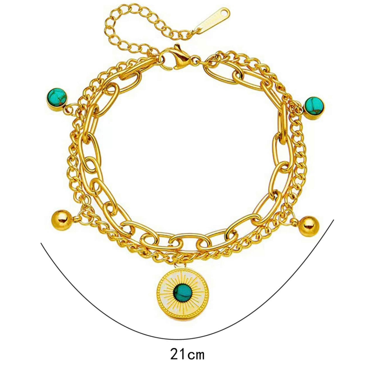 Gold Layered Turquoise Charm Bracelet | Double Chain Boho Sun Pendant Bracelet