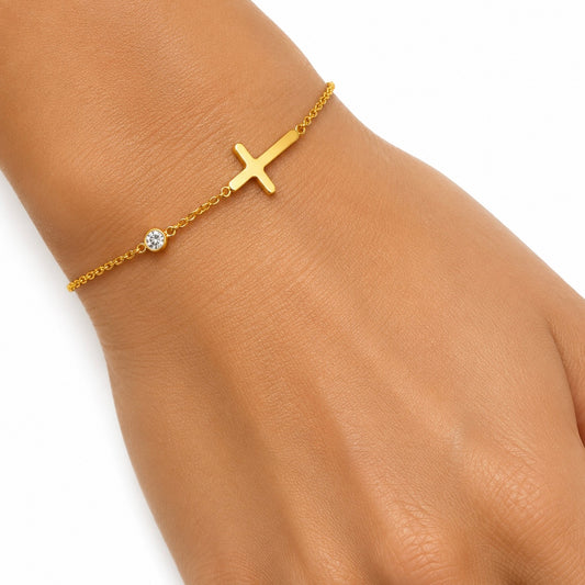 Gold Plated Sideways Cross Bracelet