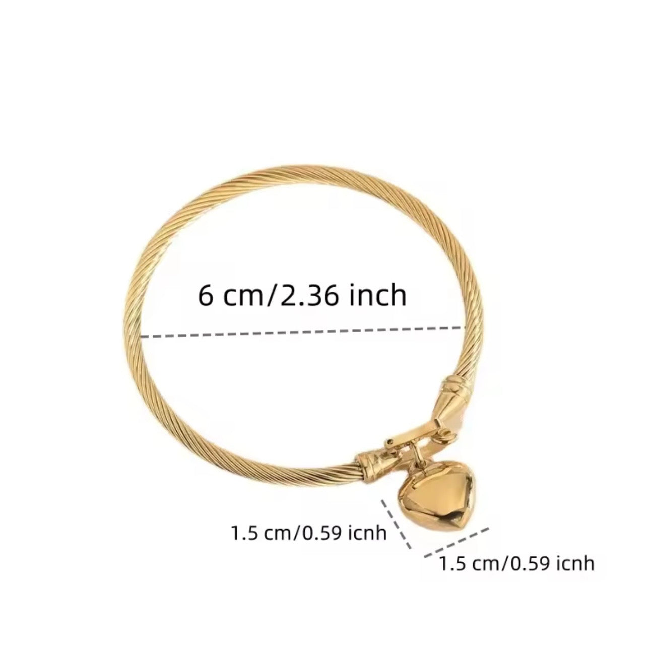 18K Gold Plated Heart Charm Cable Bangle | Waterproof Stainless Steel