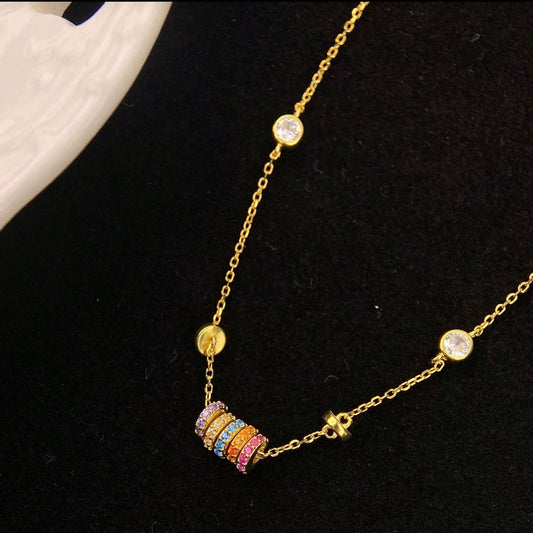 Rainbow Crystal Bead Necklace – 18K Gold Plated Dainty Chain