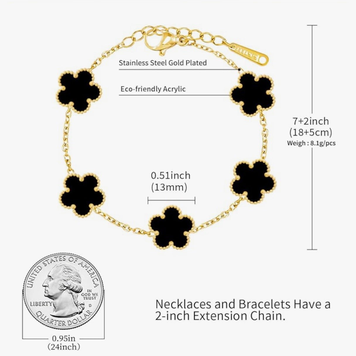 Black Clover Flower Bracelet – 18K Gold Plated Stainless Steel (Adjustable)