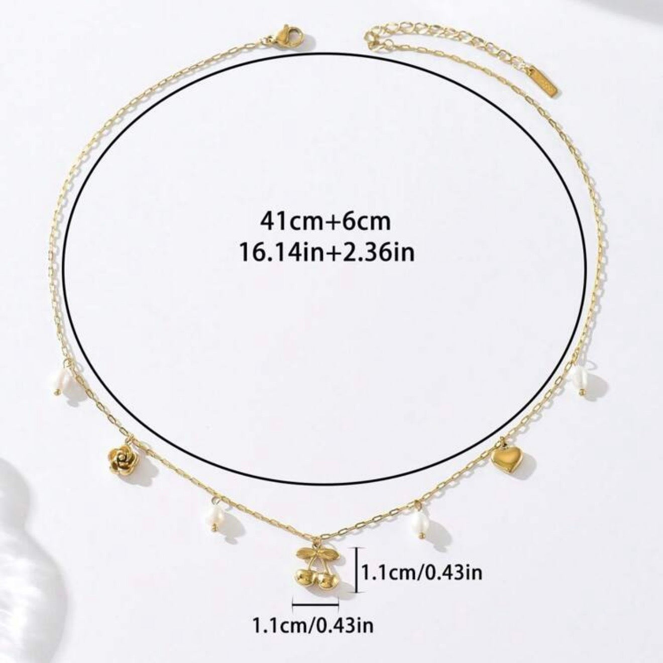 18K Gold Plated Dainty Pearl & Charm Necklace – Cherry, Rose & Heart Design