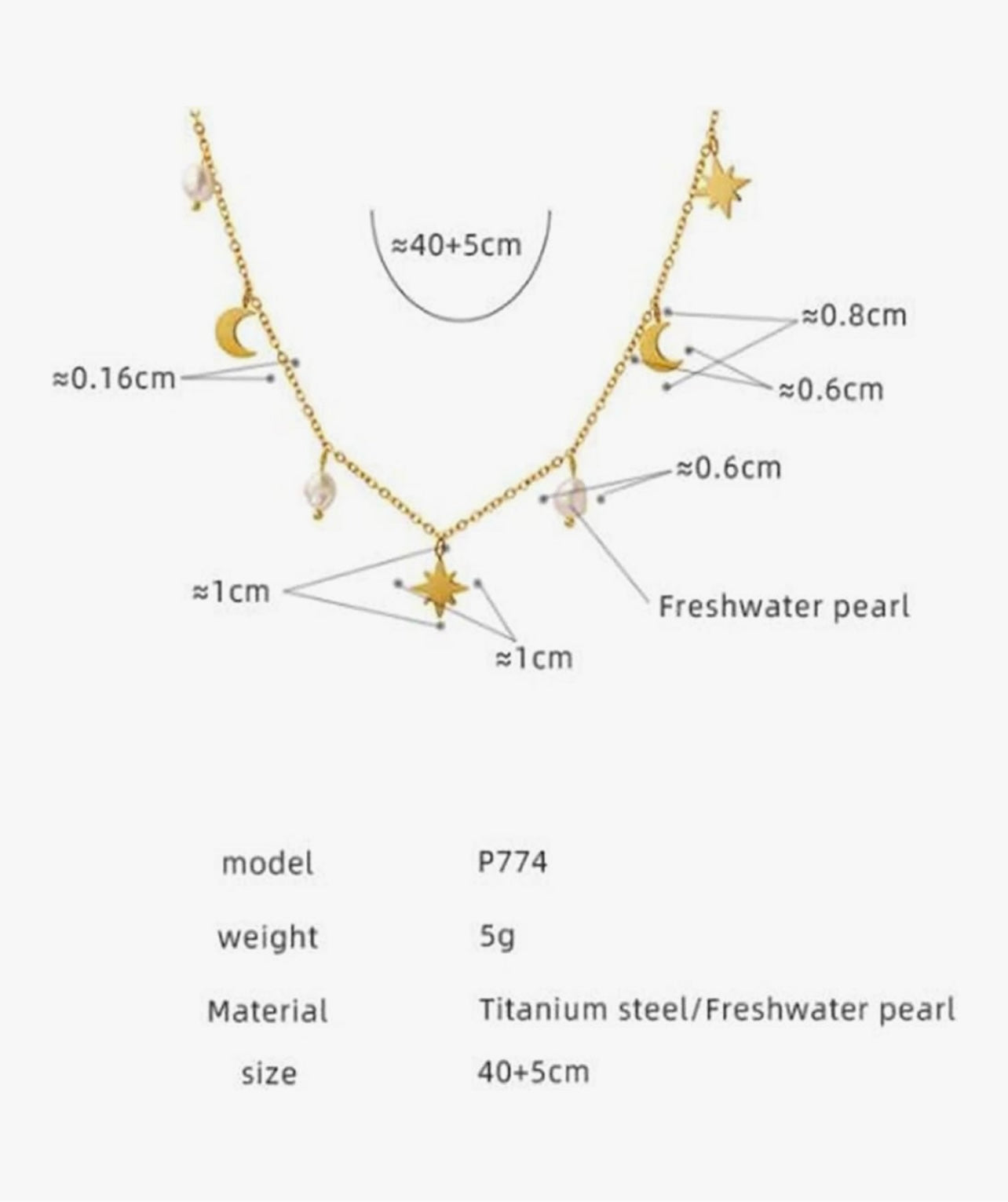 18k Gold Plated Moon & Star Charm Stainless Steel Necklace with Pearls – 45cm