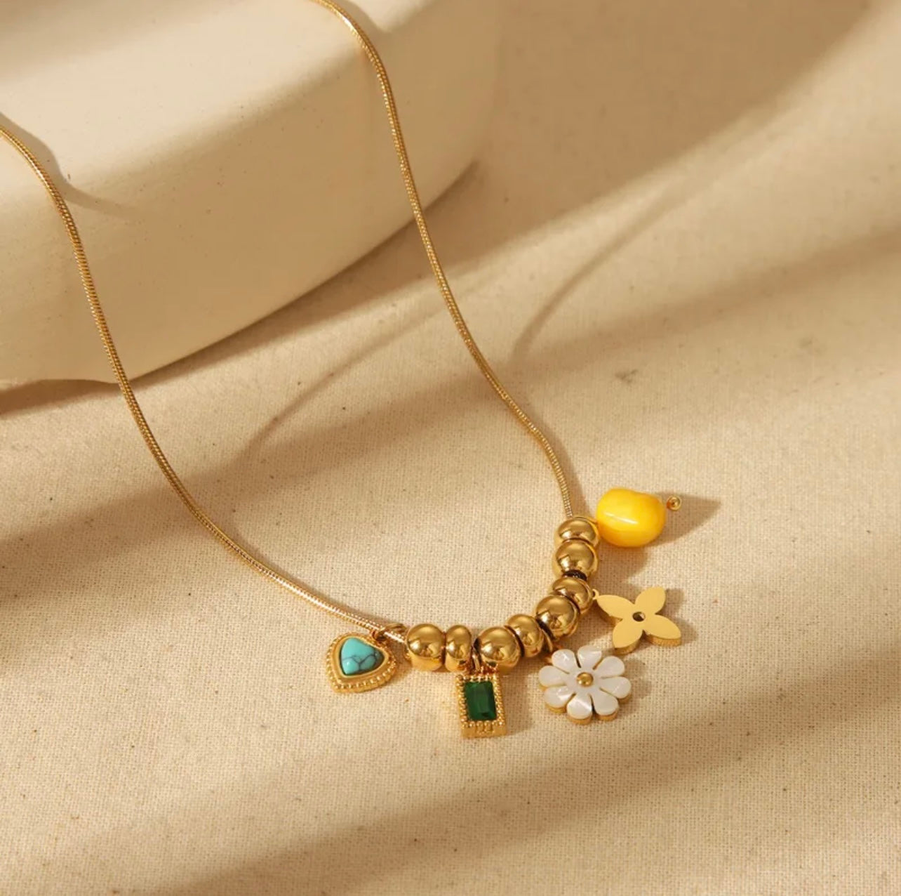 18K Gold Plated Chain with Flower, Heart, and Gem Pendants Stainless Steel