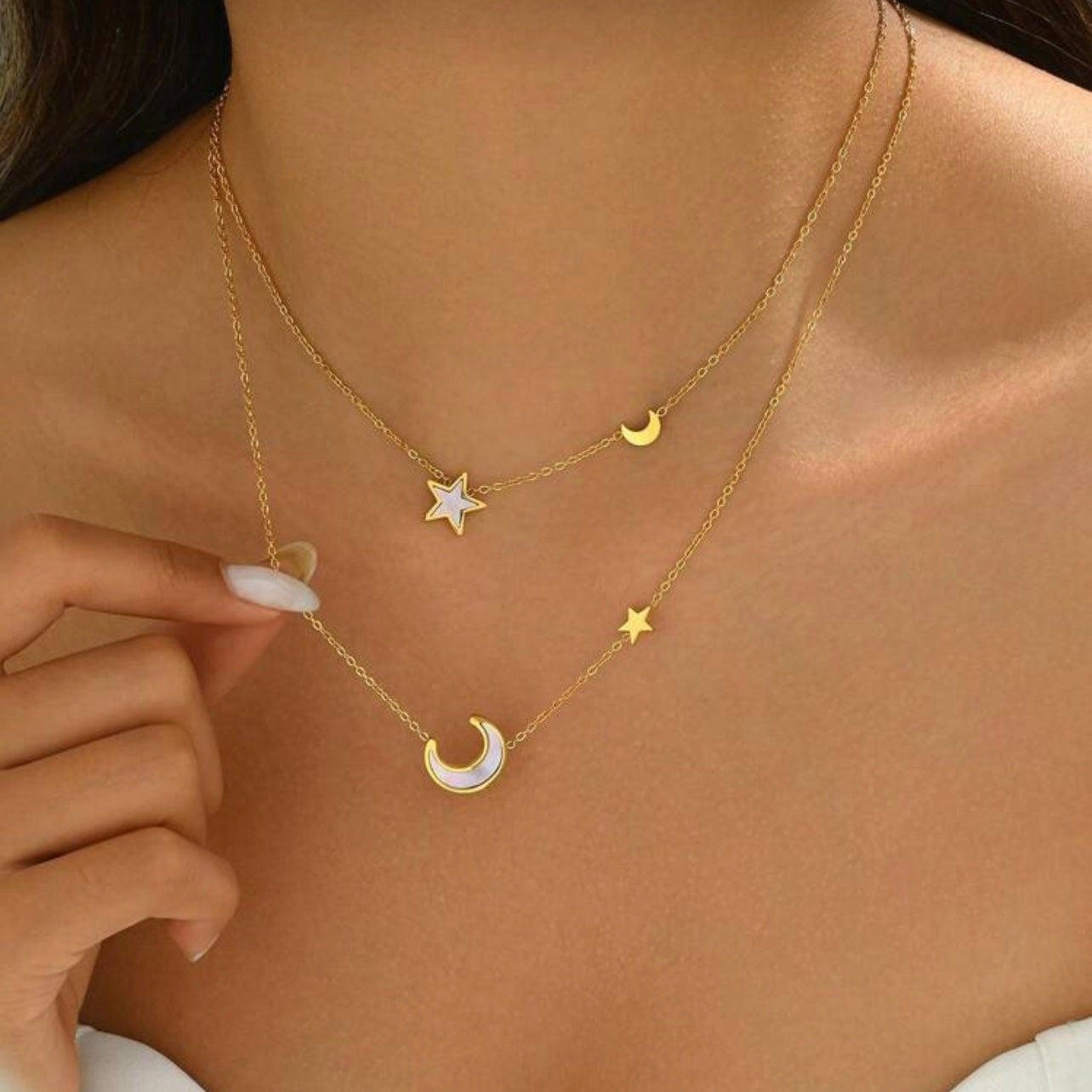 Moon & Star Layered Necklace – 18K Gold Plated Celestial Pendant