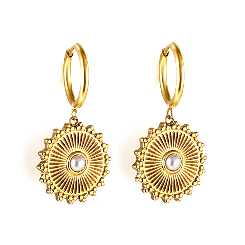 Golden Sun Pearl Drop Hoop Earrings – 18K Gold Plated Stainless Steel