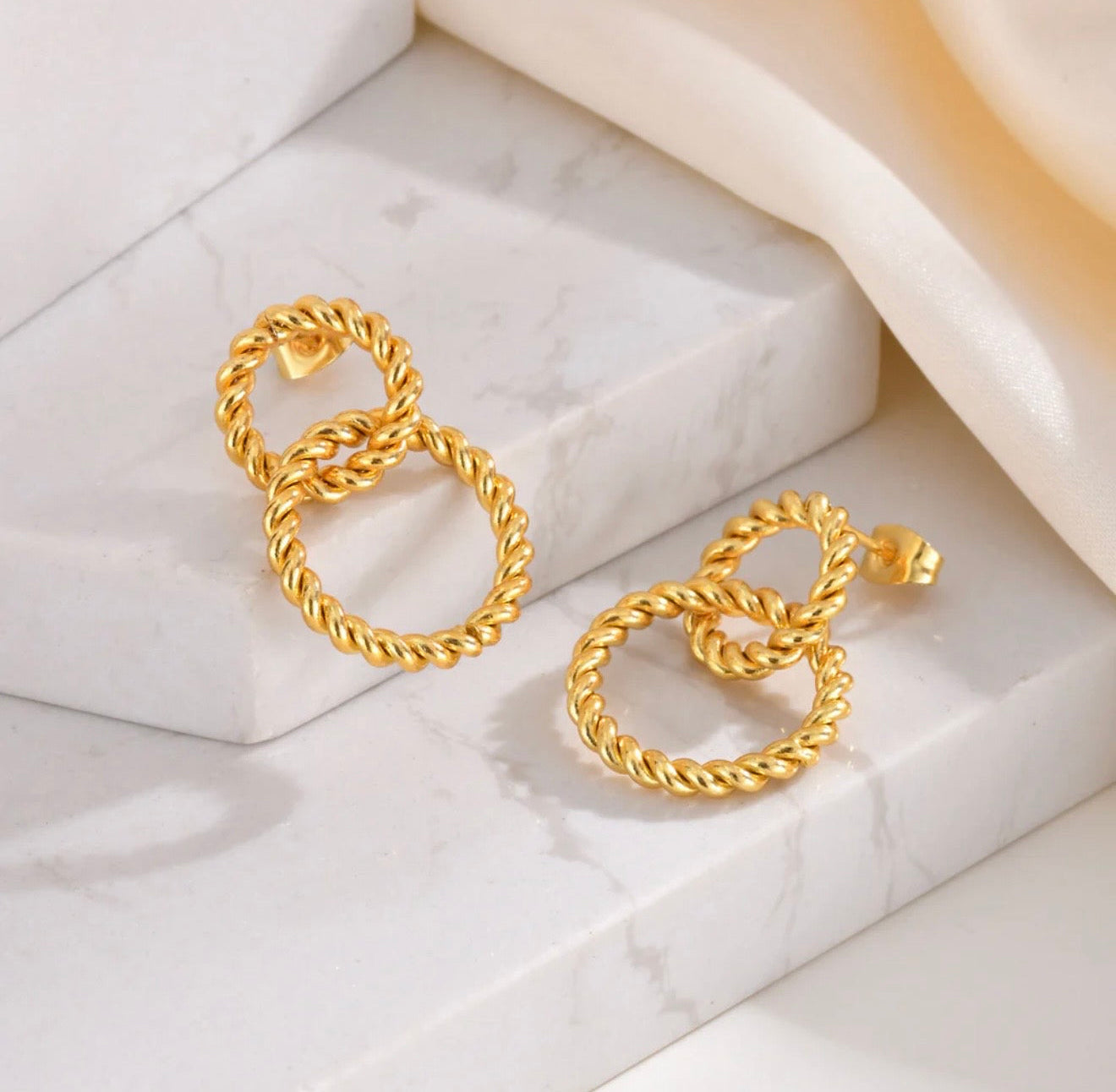 Twisted Rope Double Hoop Earrings – 18K Gold Plated, Lightweight Statement Studs