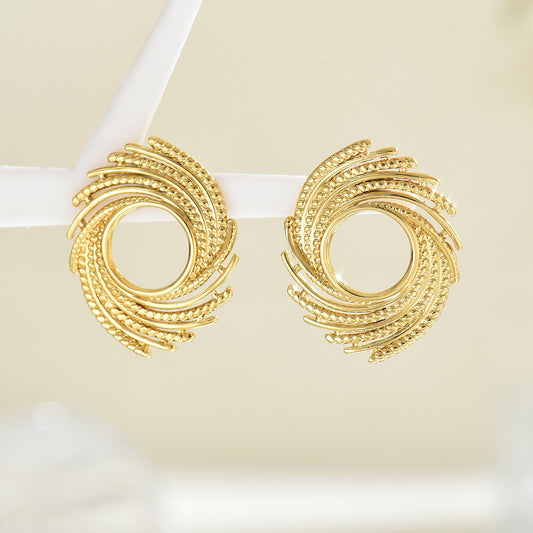 18K Gold Plated Spiral Circle Statement Earrings – Textured Stainless Steel Studs