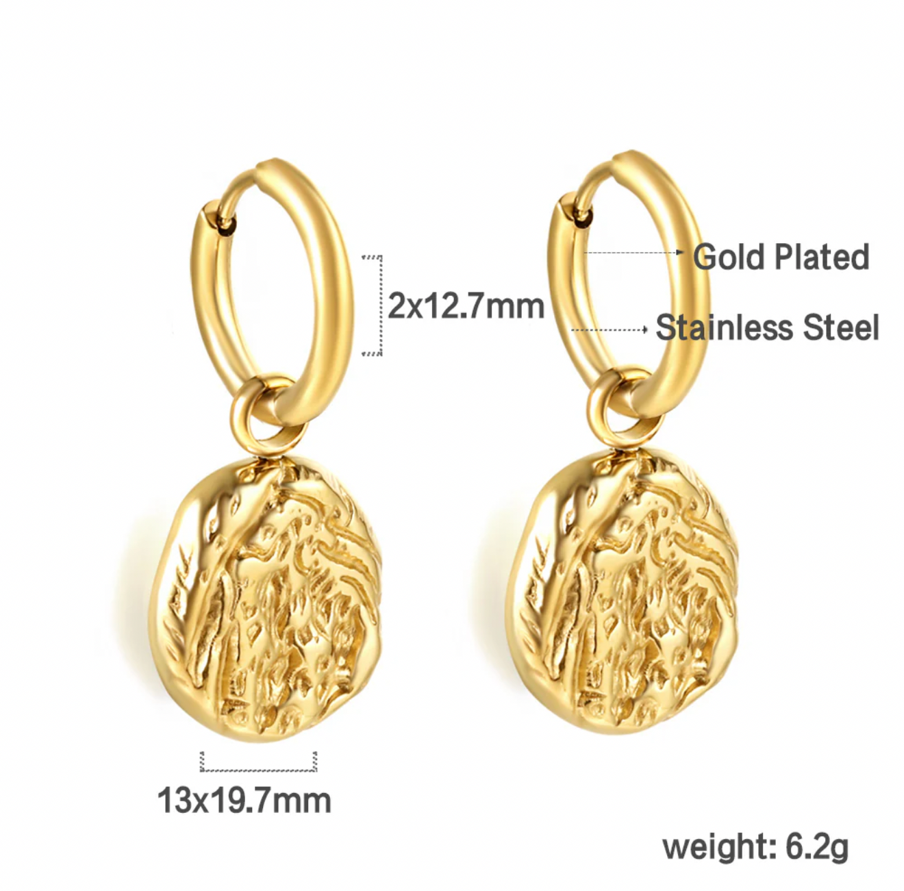 Textured Gold Coin Drop Hoop Earrings – 18K Gold Plated Stainless Steel