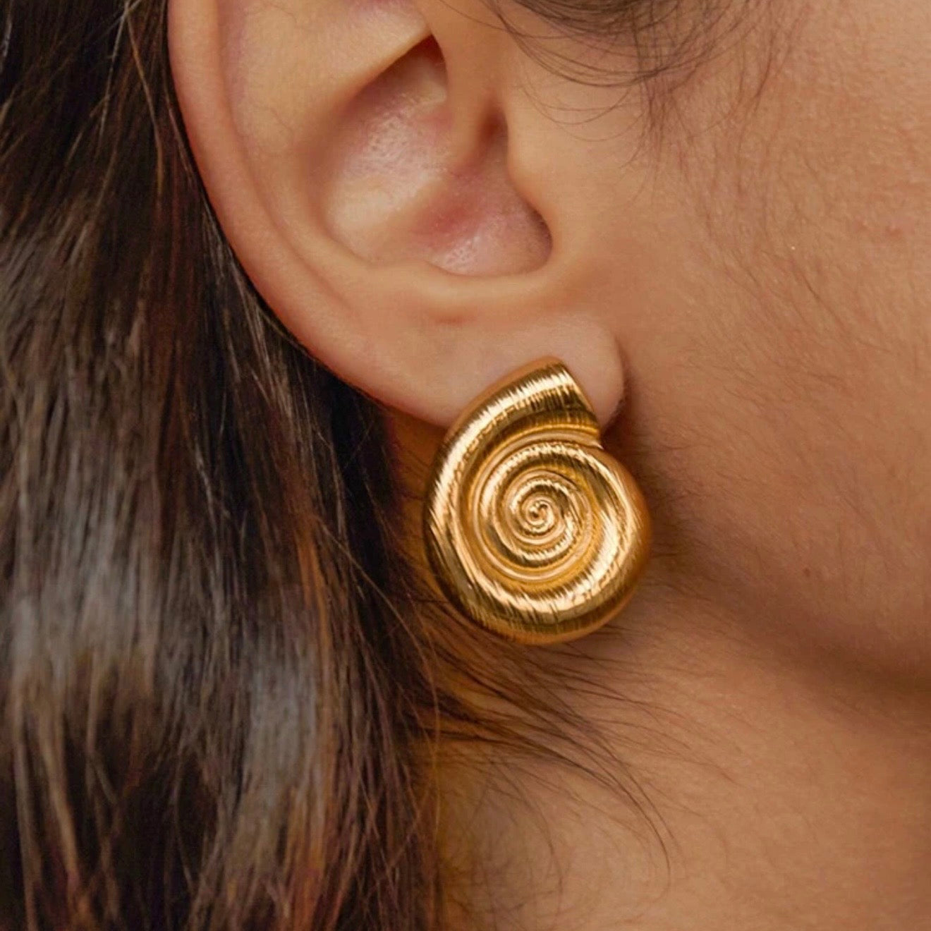 18K Gold Plated Stainless Steel Spiral Shell Stud Earrings | Waterproof Statement Jewelry