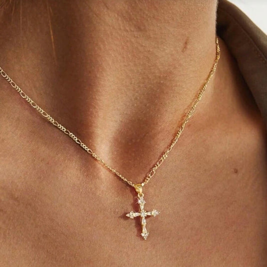14K Gold Plated Small Cross Pendant Necklace for Women – Elegant Dainty Chain