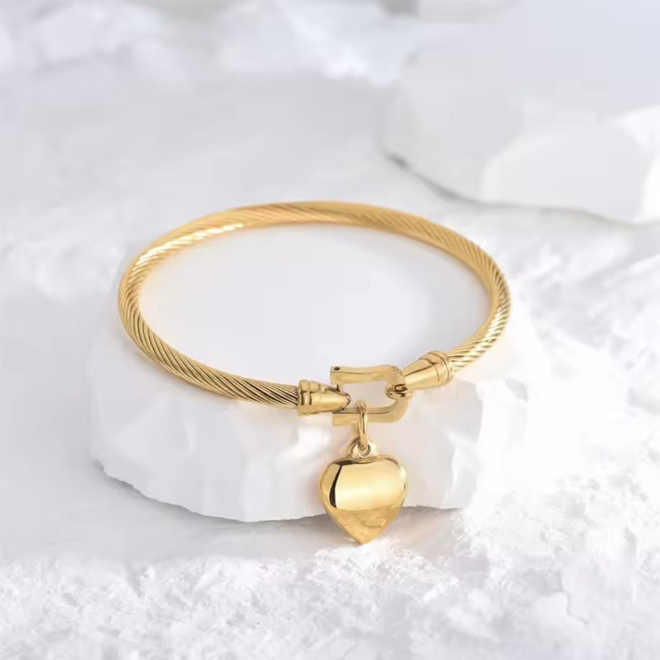 18K Gold Plated Heart Charm Cable Bangle | Waterproof Stainless Steel