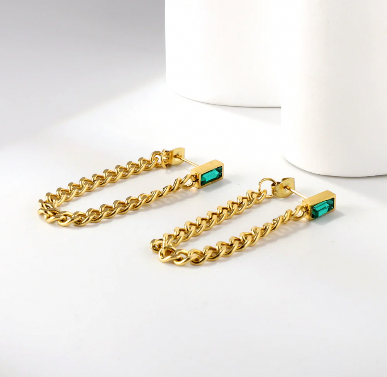 Gold Chain Drop Earrings with Emerald-Cut Stone – 18K Gold Plated Stainless Steel