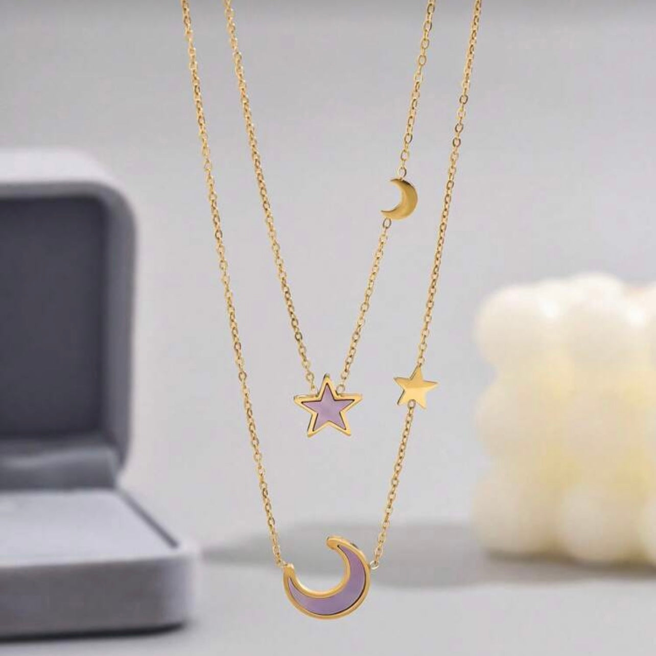 Moon & Star Layered Necklace – 18K Gold Plated Celestial Pendant