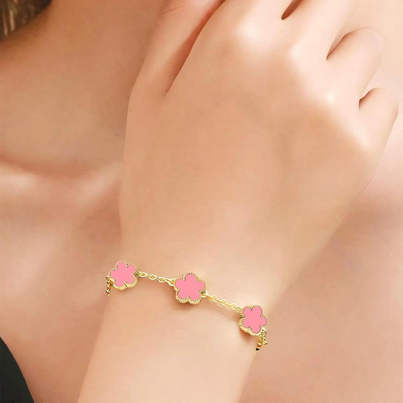 Pink Clover Charm Bracelet – 18K Gold Plated Stainless Steel