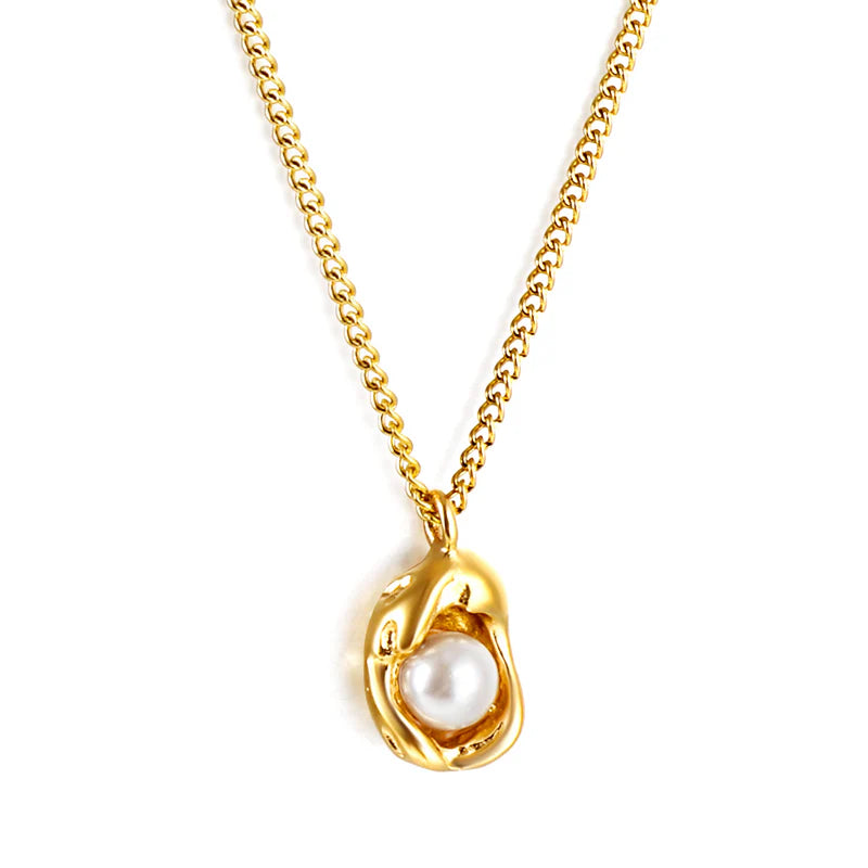 Golden Pearl Hoop Earrings & Necklace Set – 18K Gold Plated