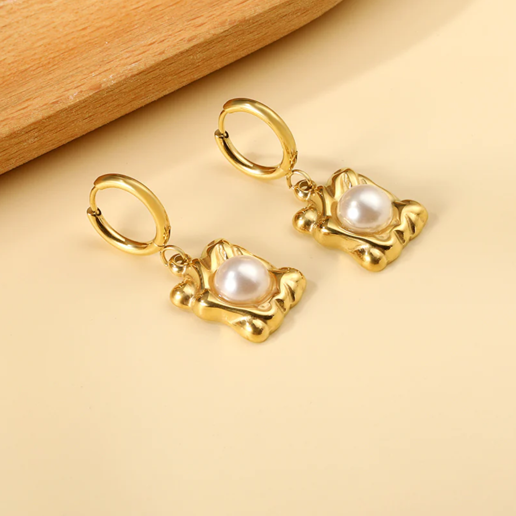 Gold Plated Pearl Drop Hoop Earrings – Stainless Steel Dangle Jewelry