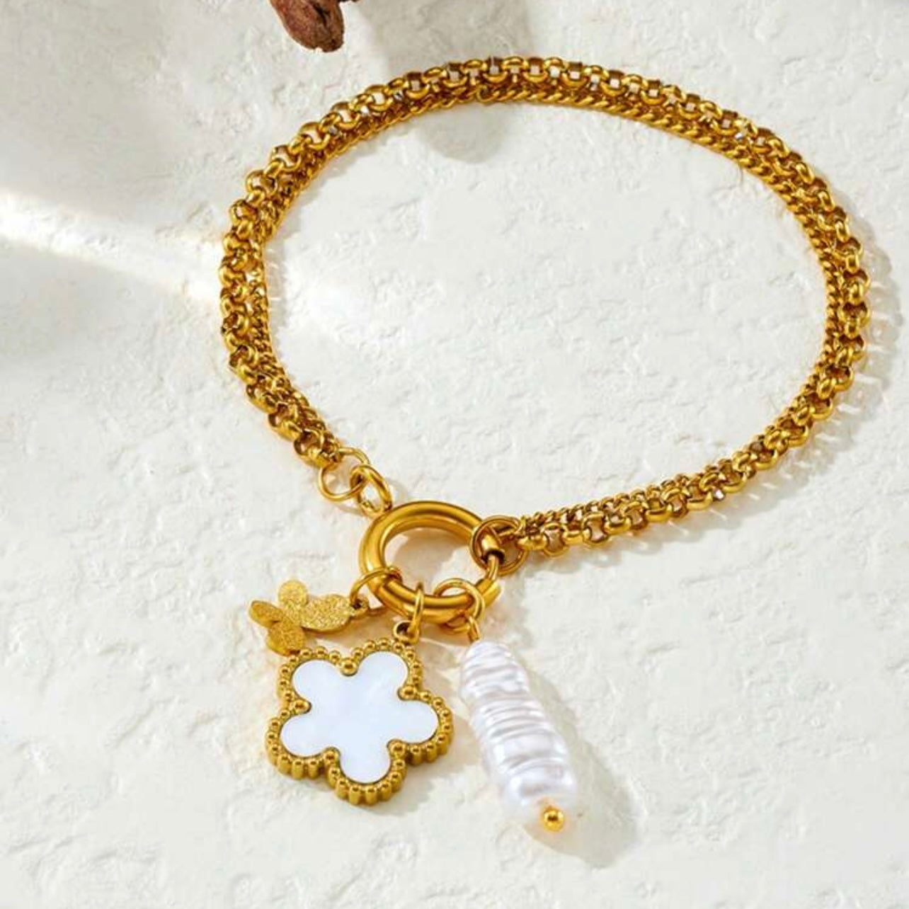 Gold Clover & Pearl Charm Bracelet – 18K Gold Plated Double Chain