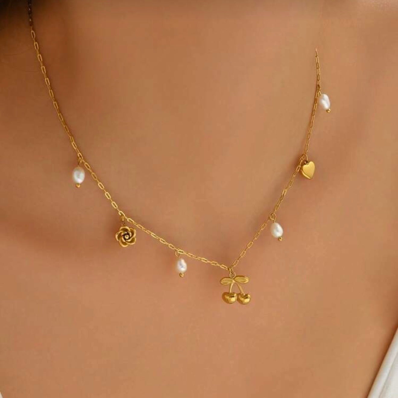 18K Gold Plated Dainty Pearl & Charm Necklace – Cherry, Rose & Heart Design