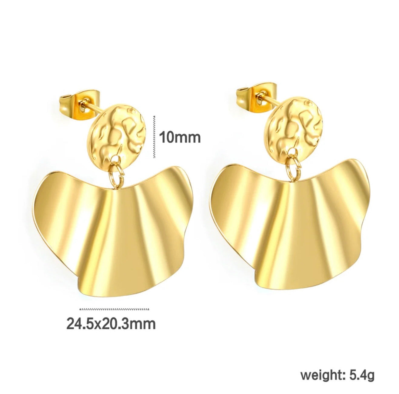Sculpted Gold Fan Drop Earrings – 18K Gold Plated, Modern Textured Statement Studs