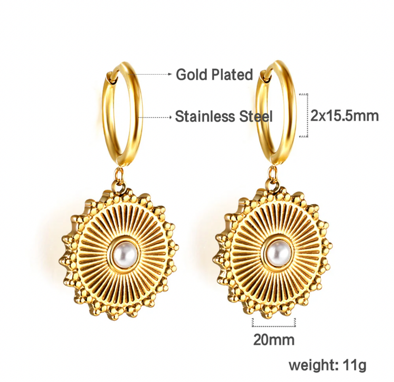 Golden Sun Pearl Drop Hoop Earrings – 18K Gold Plated Stainless Steel