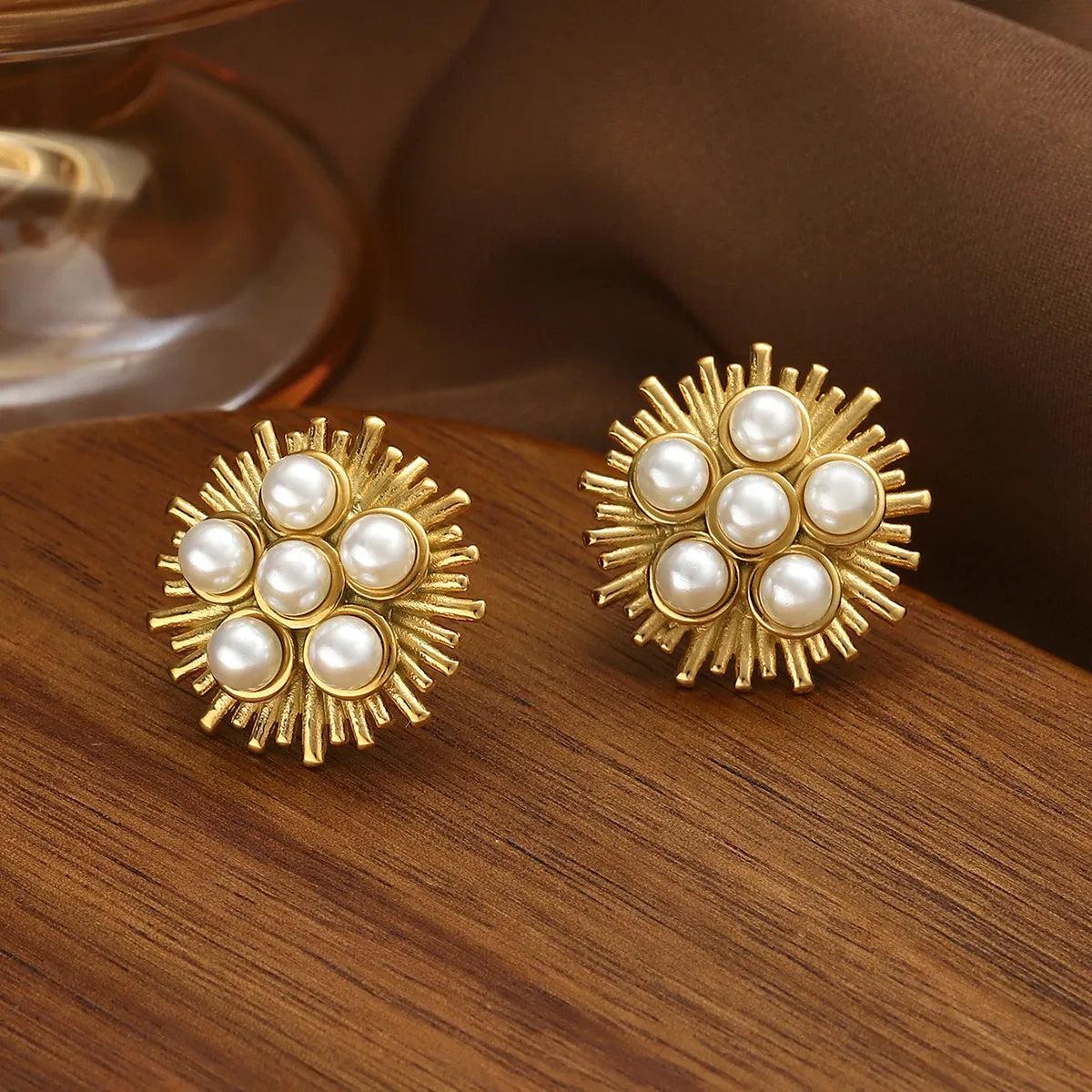 Elegant Gold Plated Pearl Stud Earrings | Hypoallergenic Stainless Steel