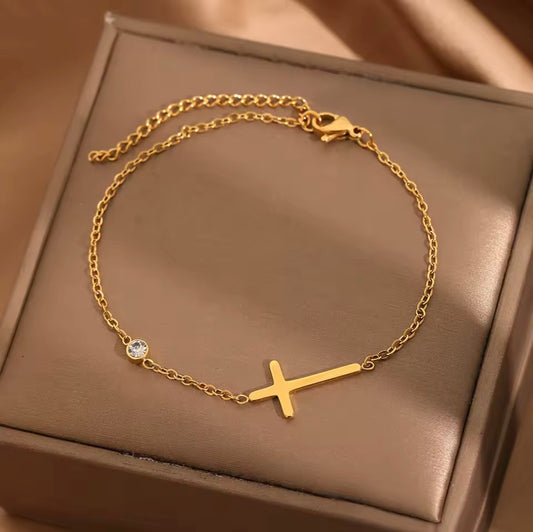 18K Gold Plated Sideways Cross Bracelet | Waterproof Stainless Steel