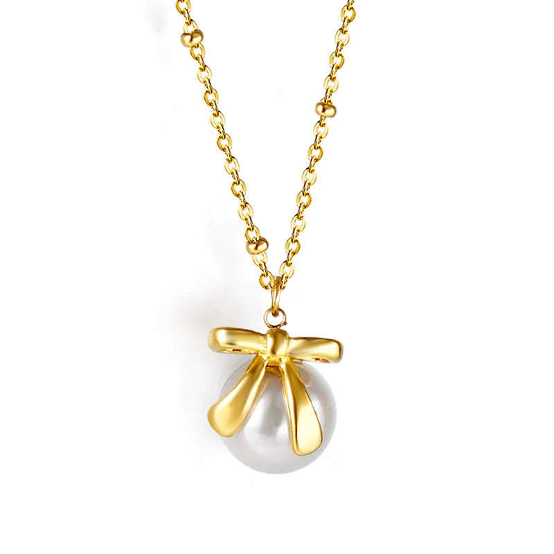 Jewelry Gift Set – Gold Bow Earrings & Pearl Charm Necklace