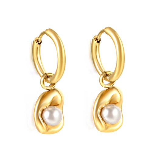18K Gold Irregular Pearl Drop Hoop Earrings – Stainless Steel, Hypoallergenic