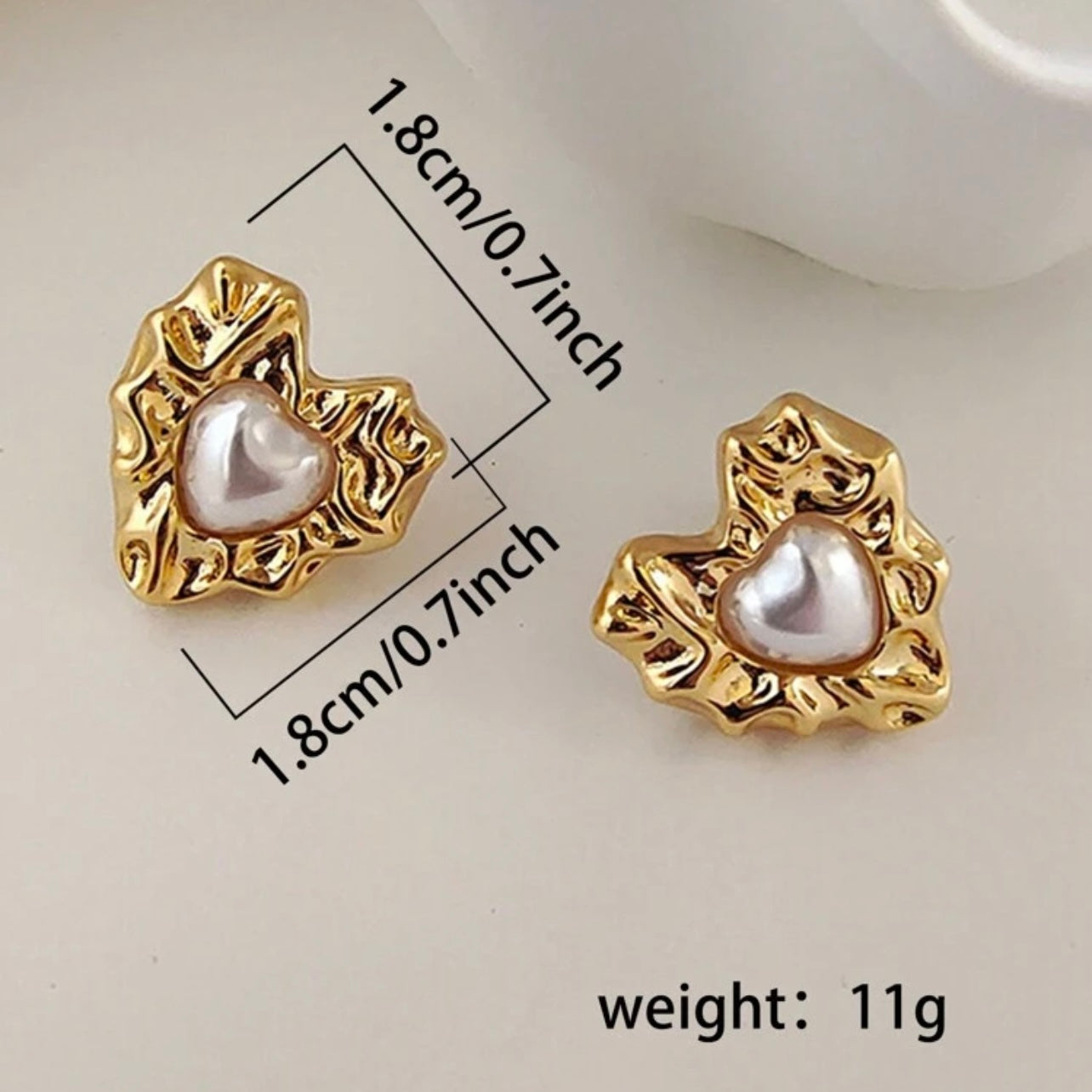 Gold Textured Heart Pearl Stud Earrings | Elegant Romantic Statement Earrings