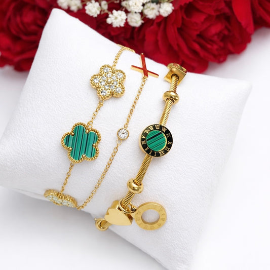 Luxury Gold Charm Bracelet Set – Clover, Roman Dial & Cross Design (3 Pieces)