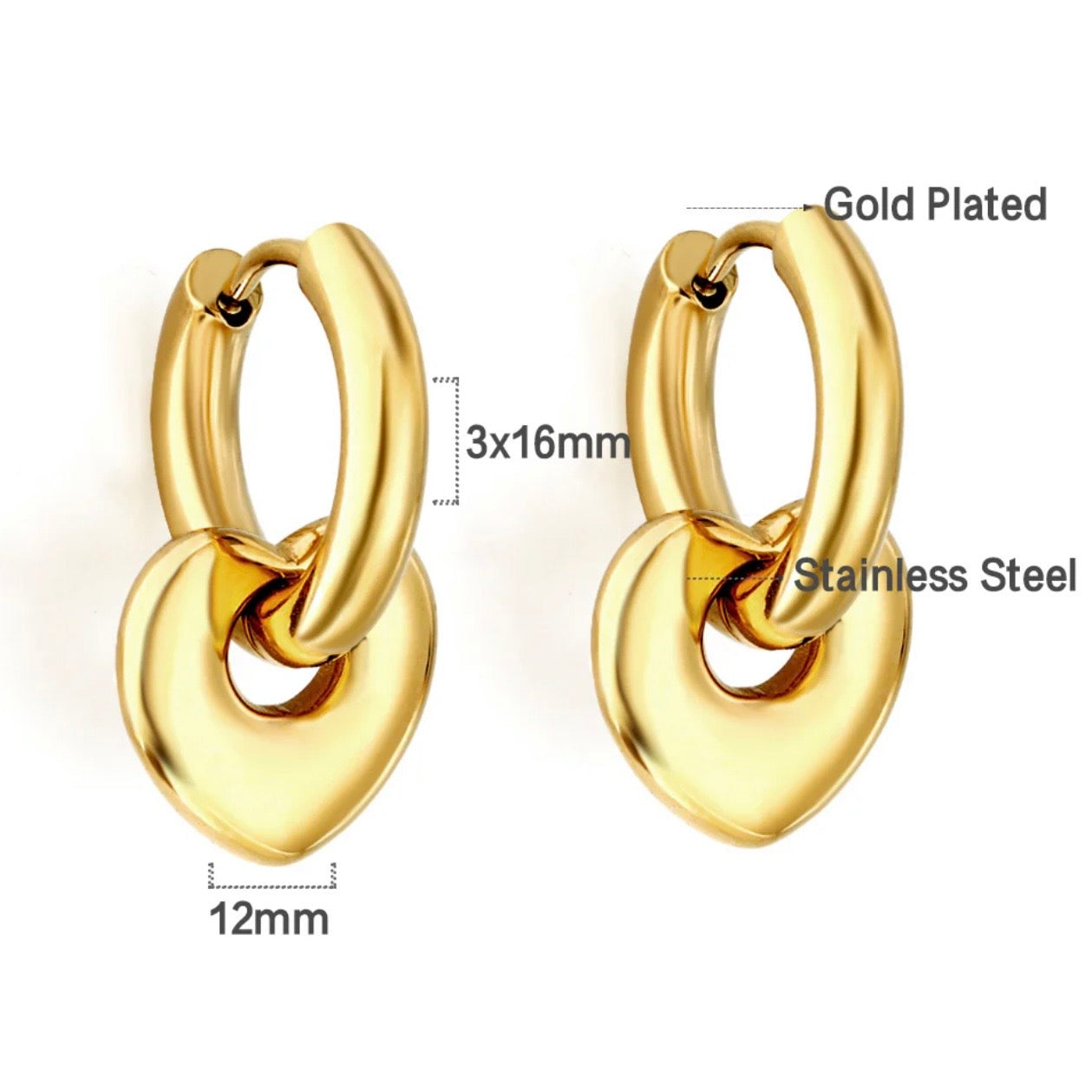 18K Gold Plated Heart Drop Hoop Earrings | Stainless Steel Minimalist Hoops