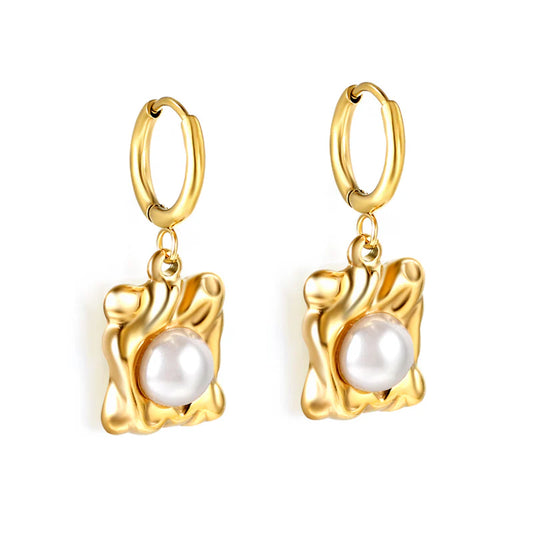 Gold Plated Pearl Drop Hoop Earrings – Stainless Steel Dangle Jewelry