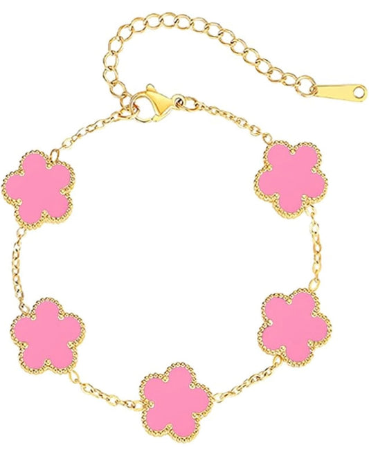 Pink Clover Charm Bracelet – 18K Gold Plated Stainless Steel