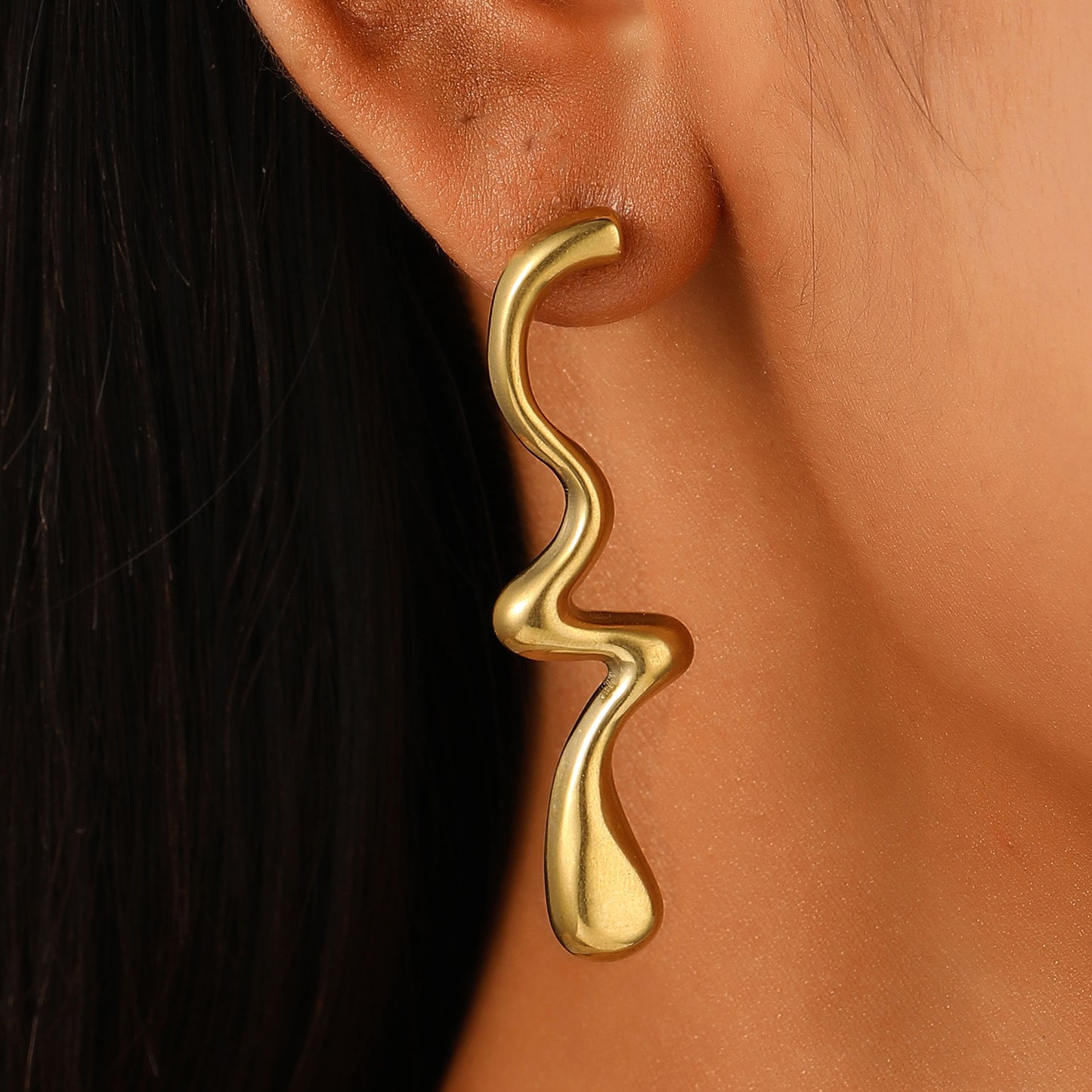 18K Gold Plated Wavy Drop Earrings | Abstract Statement Earrings Stainless Steel
