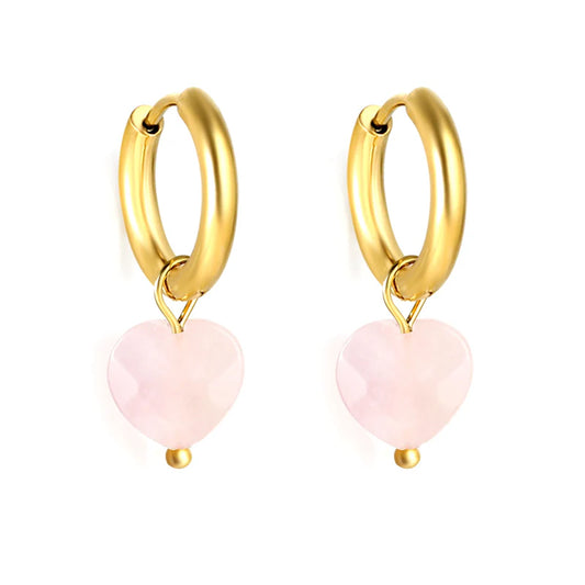 Gold Plated Heart Drop Hoop Earrings – Pink Stone Stainless Steel Jewelry