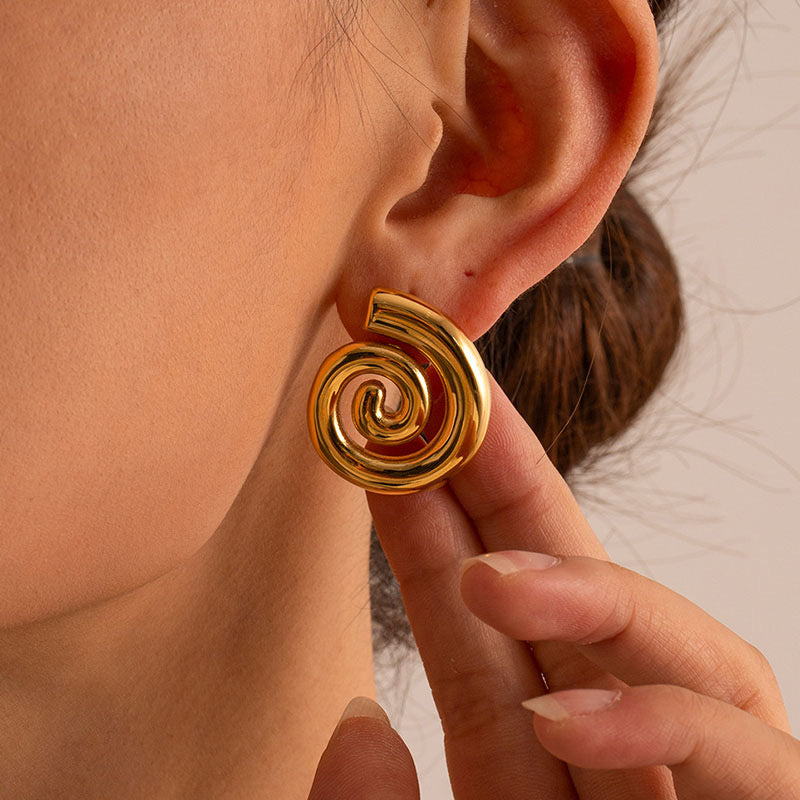 18K Gold Plated Stainless Steel Thick Conch Spiral Shaped Stud Earring for Women
