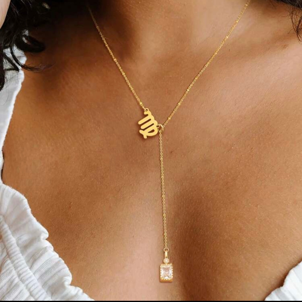 Gold Virgo Zodiac Y Necklace | Minimalist Horoscope Pendant with Crystal Drop