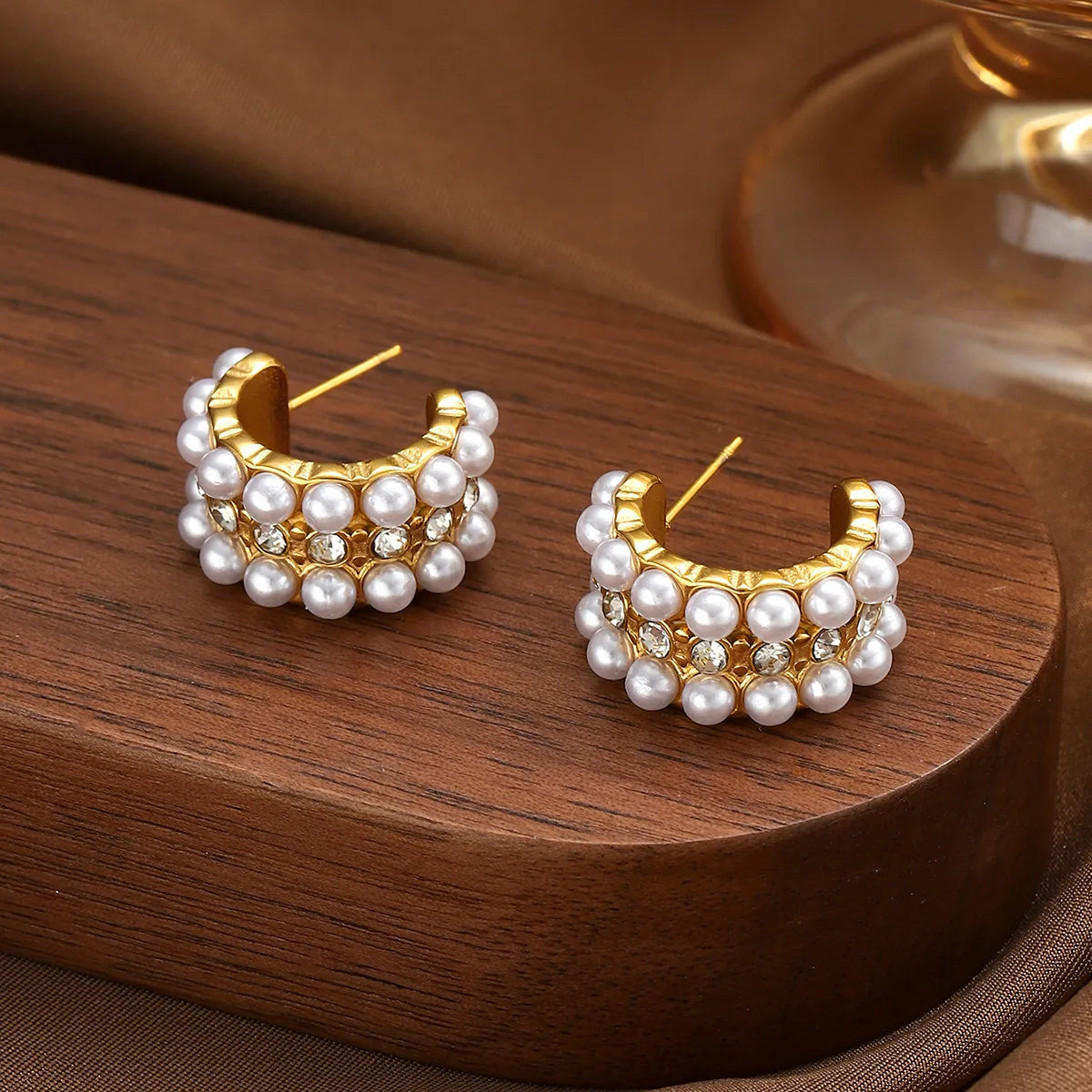 Gold Plated Hoop Earrings with Artificial Pearls| Stainless Steel Studs