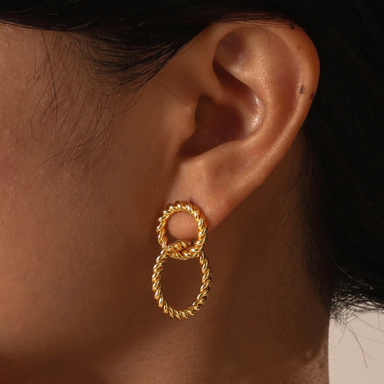 Twisted Rope Double Hoop Earrings – 18K Gold Plated, Lightweight Statement Studs