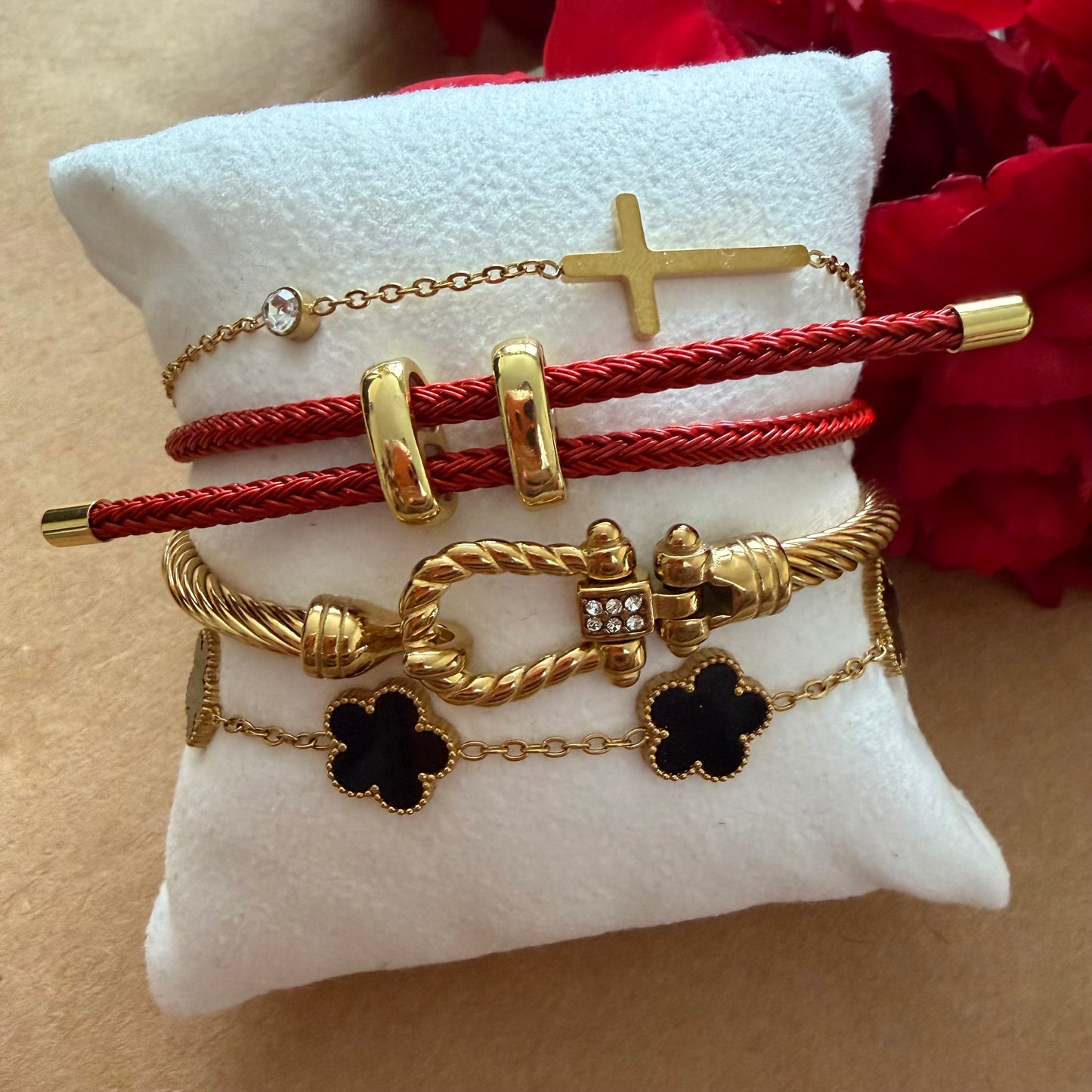 Fairy Queen Layered Gold & Red Bracelet Set – Elegant Stackable Jewelry