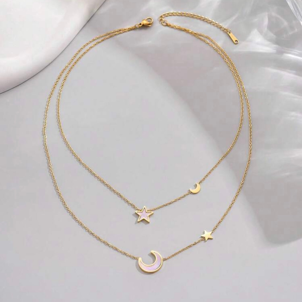 Moon & Star Layered Necklace – 18K Gold Plated Celestial Pendant