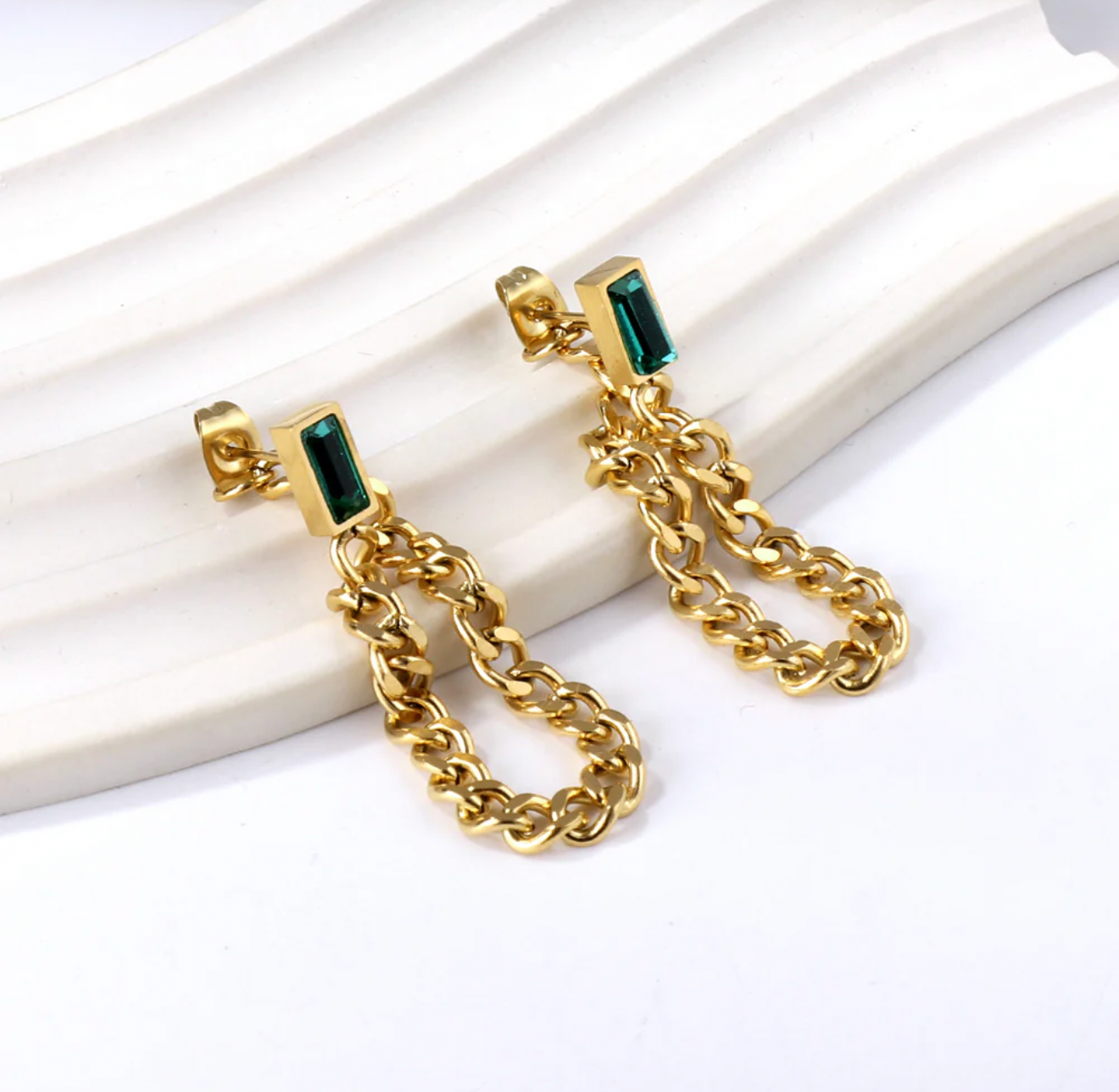 Gold Chain Drop Earrings with Emerald-Cut Stone – 18K Gold Plated Stainless Steel