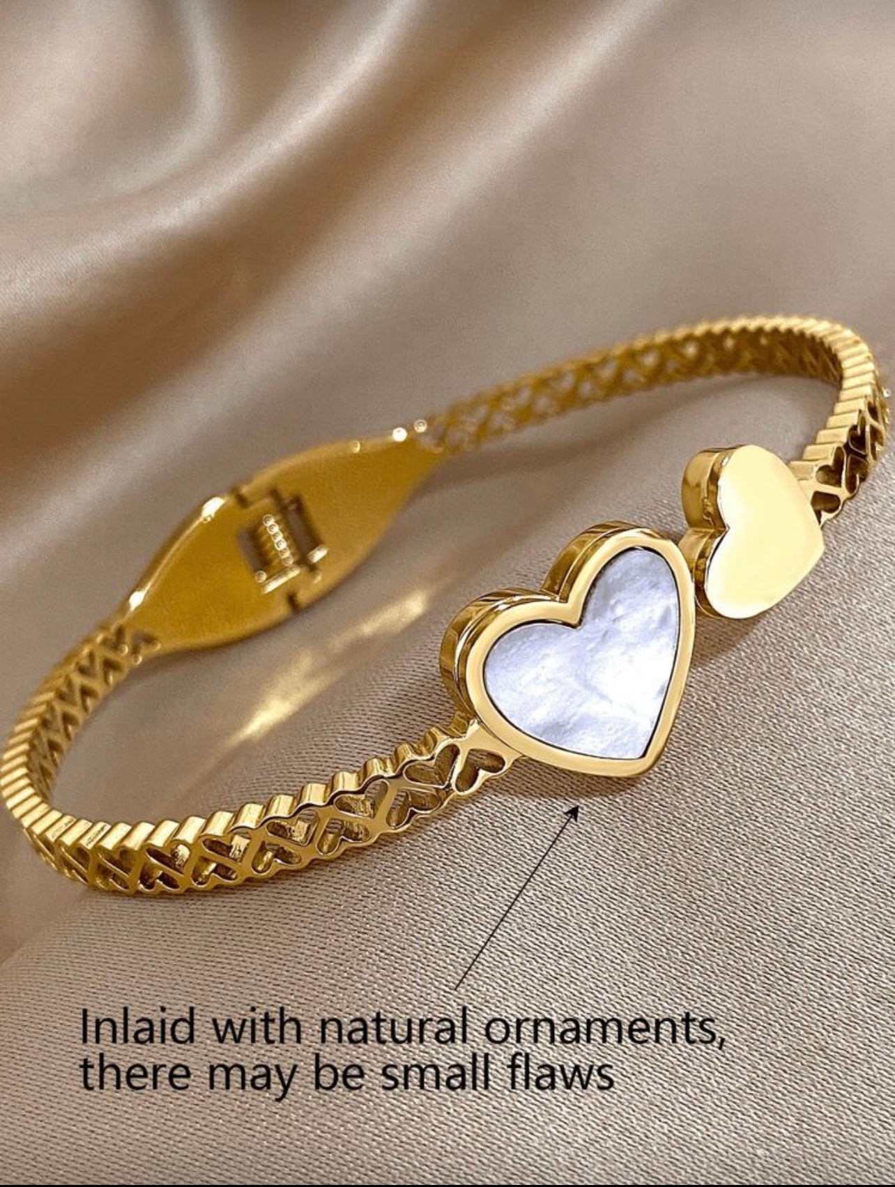 18K Gold Plated Heart Bangle Bracelet – Mother of Pearl Romantic Jewelry