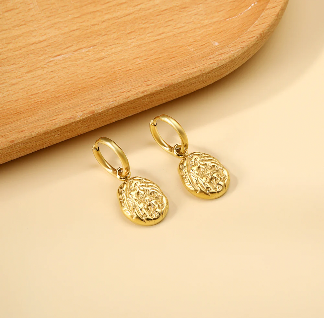 Textured Gold Coin Drop Hoop Earrings – 18K Gold Plated Stainless Steel
