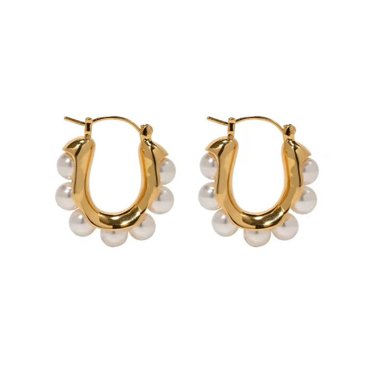 14K Gold Plated Simple U Shape Style Artificial Pearls Stainless Steel Ear Studs