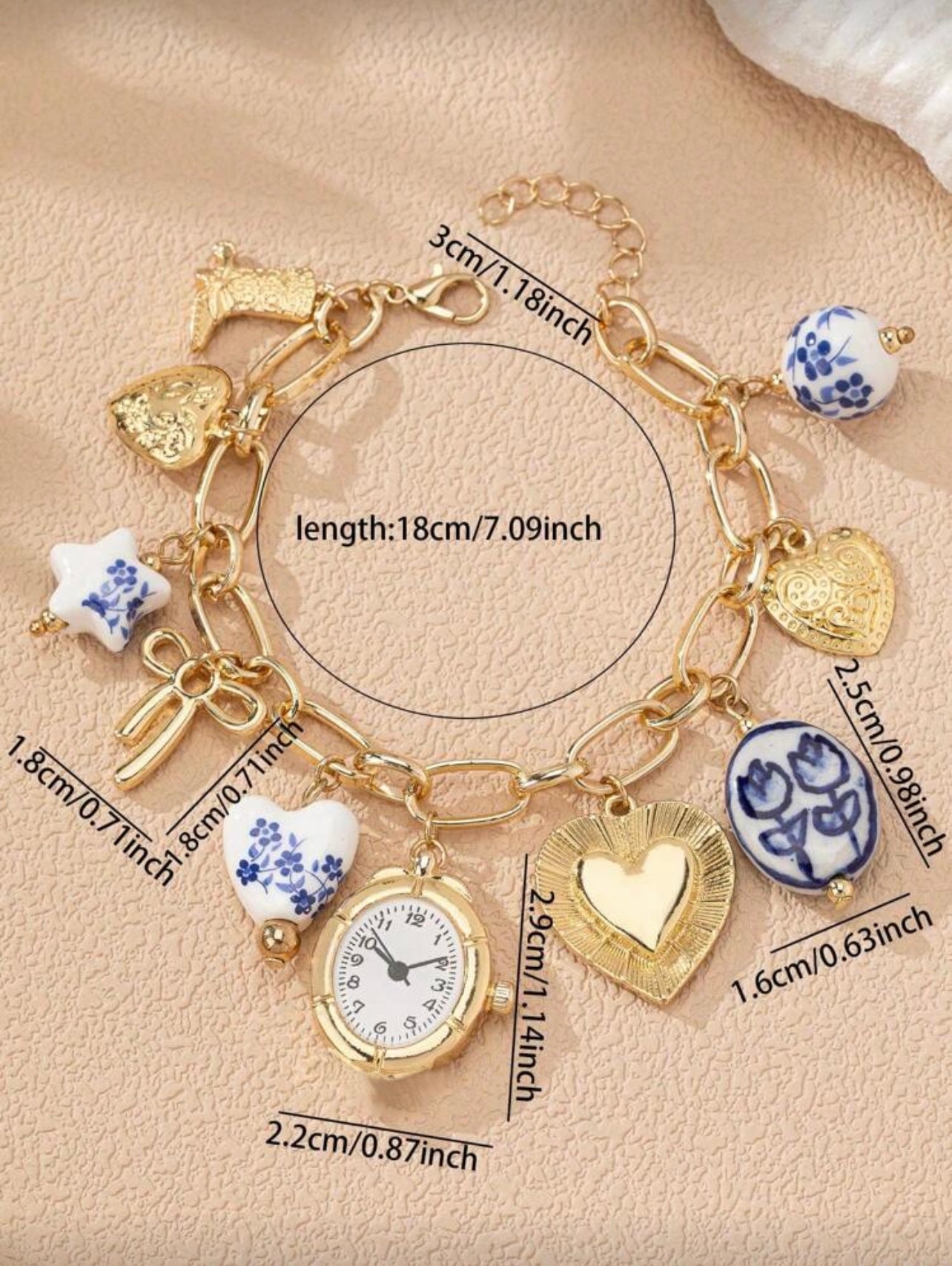 Vintage Blue Porcelain Charm Bracelet – 18K Gold Plated Chain with Heart, Bow & Watch Charms